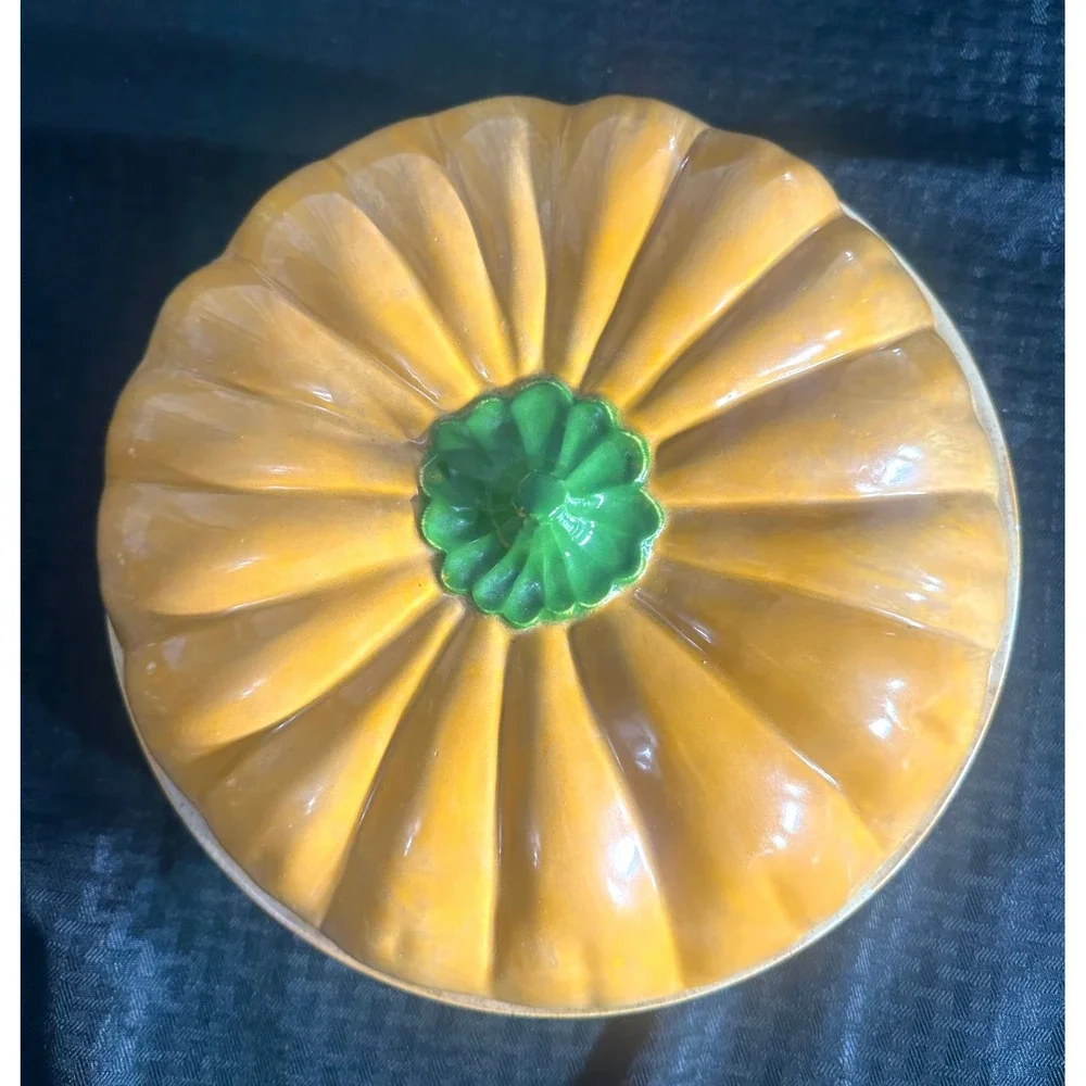 Vintage Ceramic Pumpkin Pie Keeper Dish w Lid Fall Thanksgiving Cottagecore